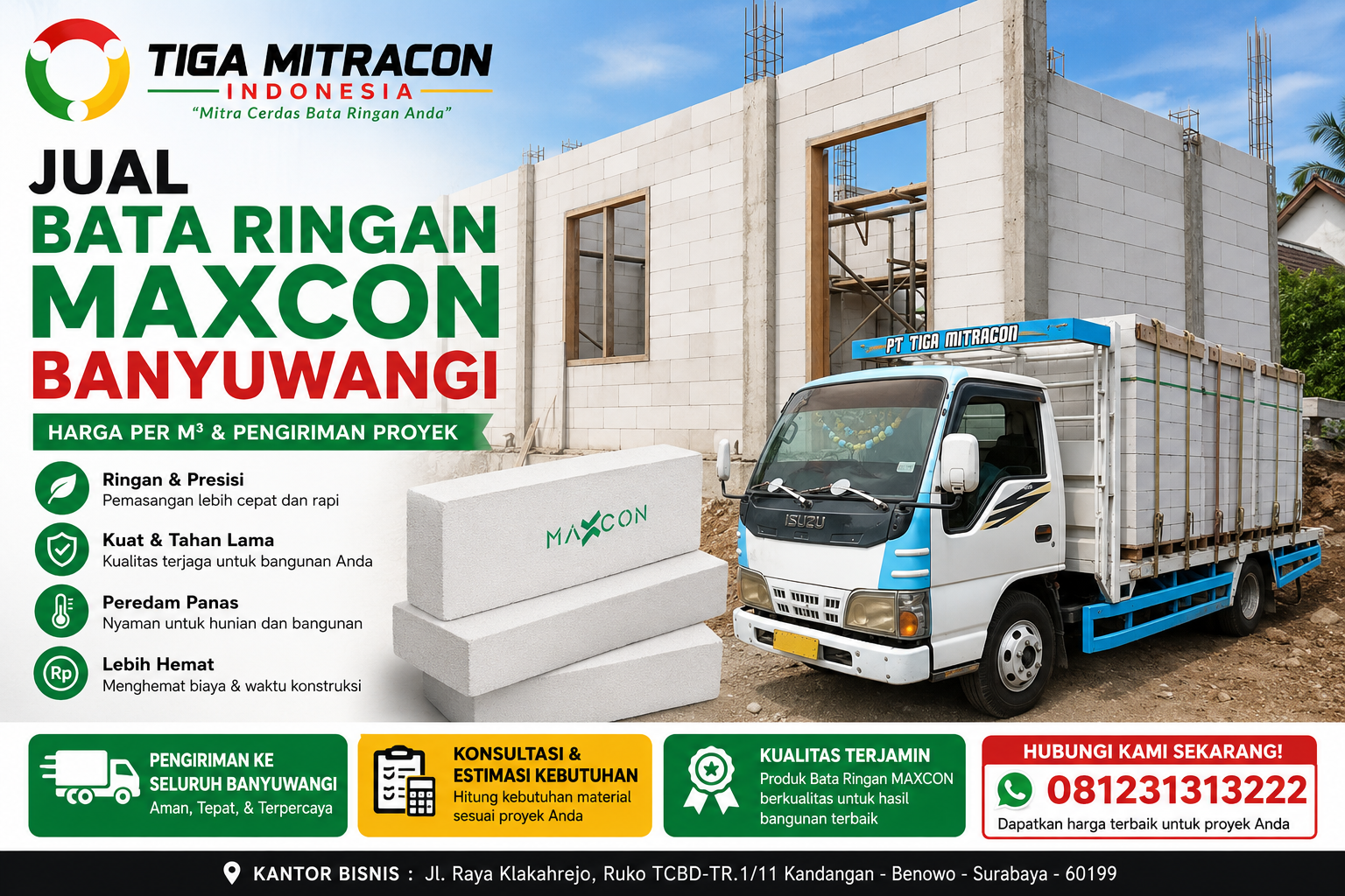 Jual Bata Ringan Maxcon Banyuwangi – Harga per m³ & Pengiriman Proyek