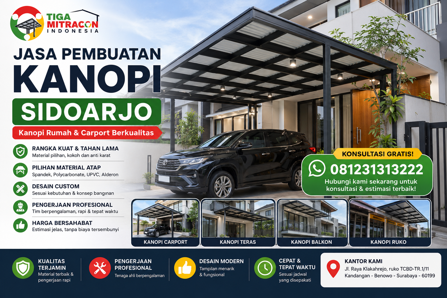 Jasa Pembuatan Kanopi Sidoarjo – Harga Kanopi Rumah & Carport