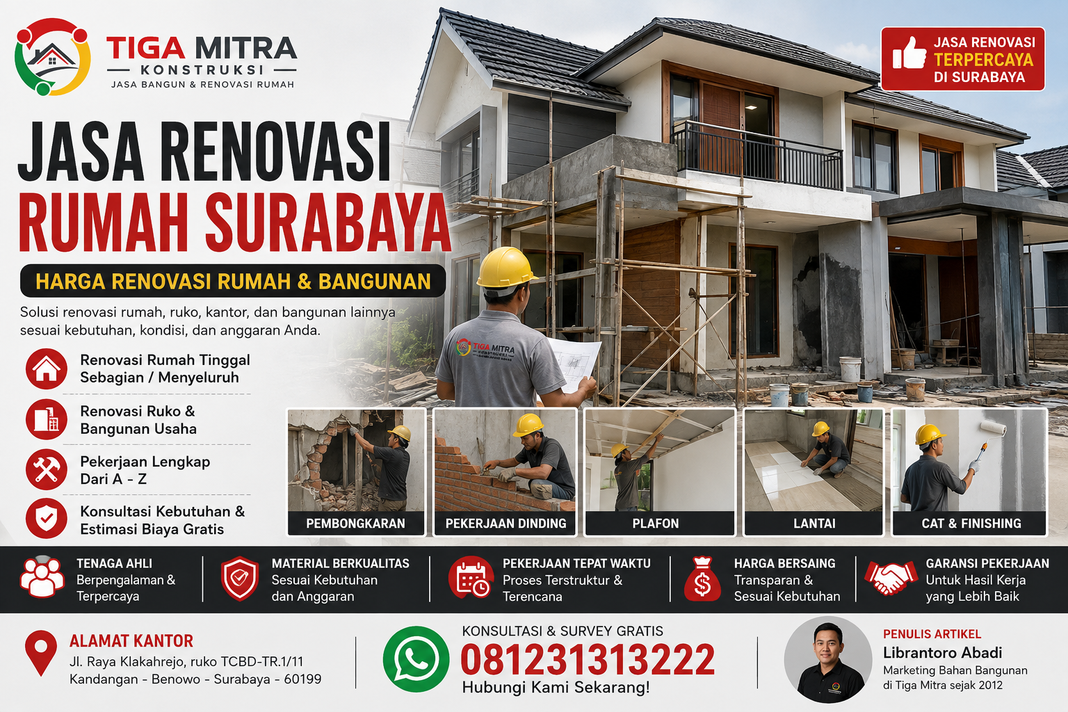 Jasa renovasi rumah Surabaya untuk perbaikan rumah, dapur, kamar mandi, atap, ruko & bangunan. Konsultasi dan estimasi kebutuhan hubungi 081231313222.