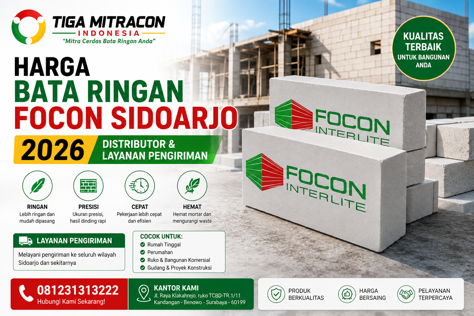 Harga Bata Ringan Focon Sidoarjo 2026 – Distributor & Layanan Pengiriman