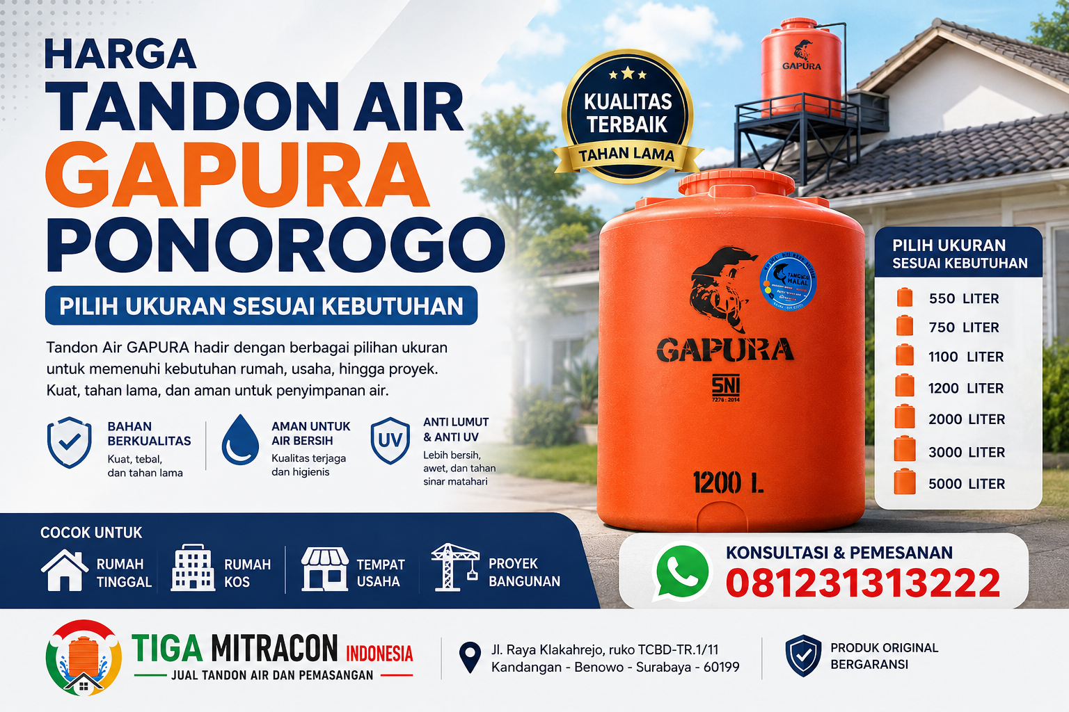 Harga Tandon Air Gapura Ponorogo – Pilih Ukuran Sesuai Kebutuhan