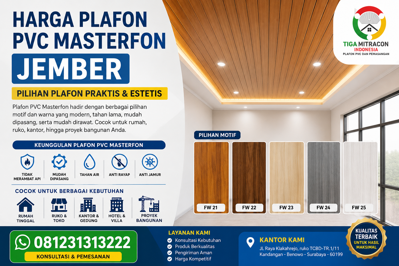 Harga Plafon PVC Masterfon Jember – Pilihan Plafon Praktis & Estetis