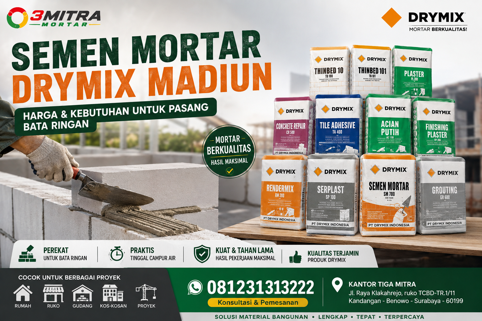 Semen Mortar Drymix Madiun – Harga & Kebutuhan untuk Pasang Bata Ringan