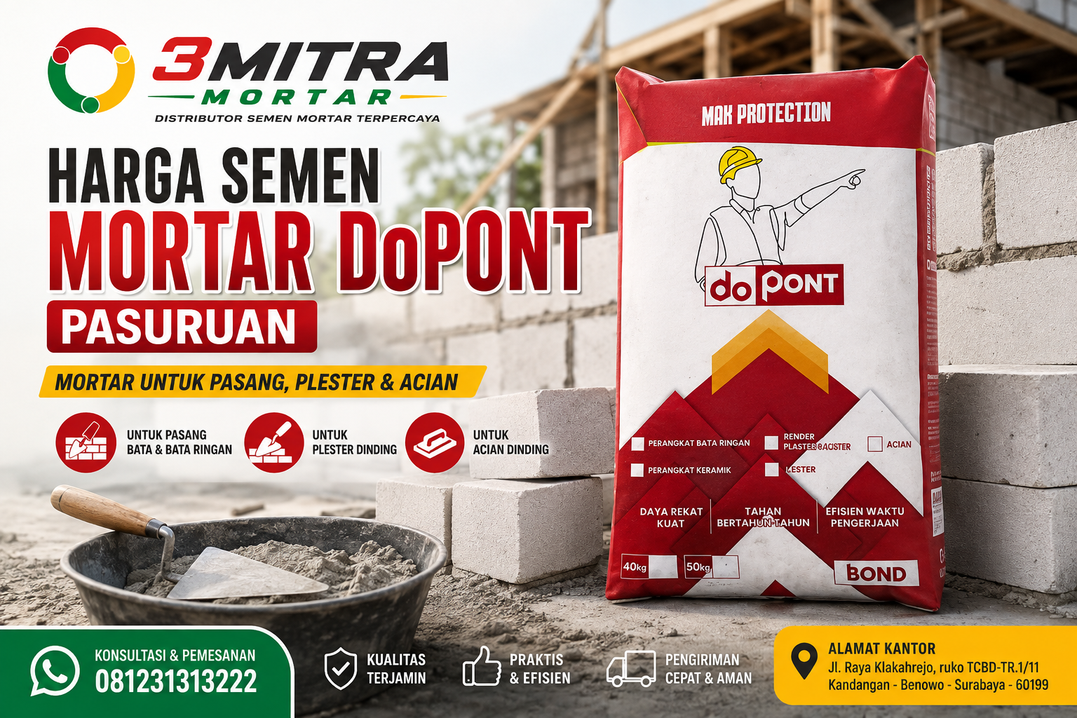 Harga Semen Mortar DoPont Pasuruan – Mortar untuk Pasang, Plester & Acian