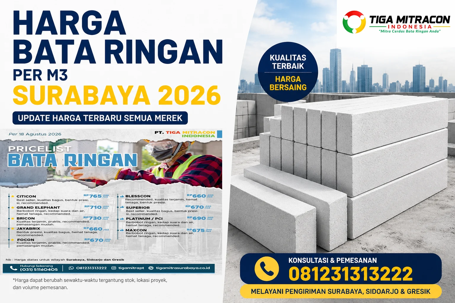 Harga Bata Ringan per m3 Surabaya 2026: Daftar Harga, Merek, dan Cara Memilih