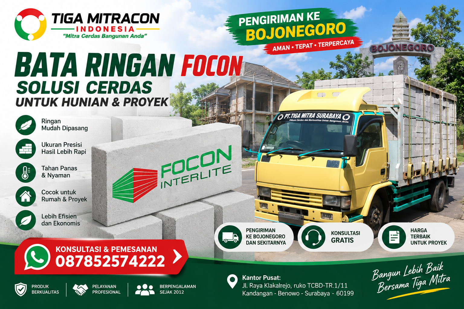 Bata ringan Focon untuk hunian dan proyek dengan pengiriman ke Bojonegoro oleh Tiga Mitra