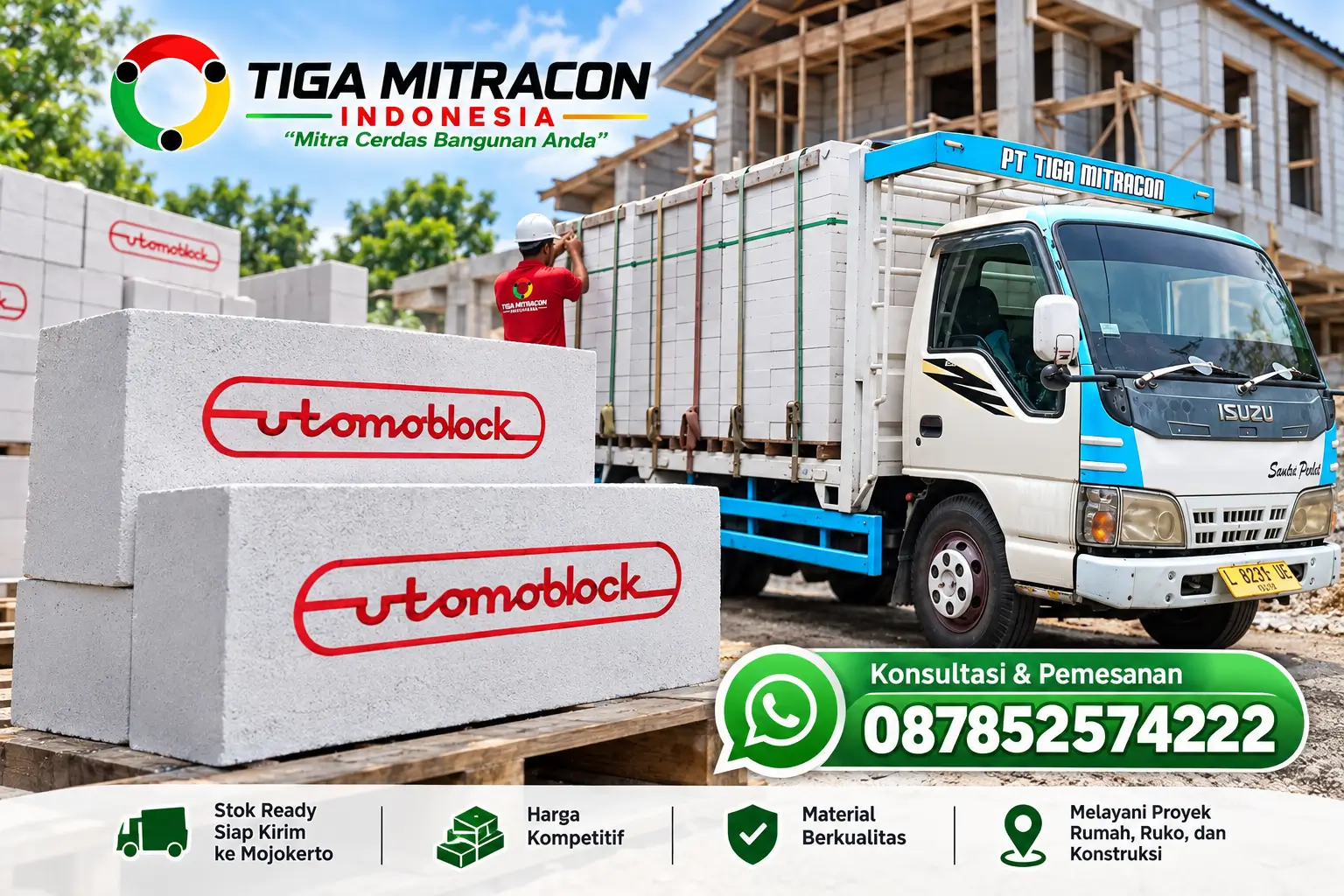 Bata ringan Utomoblock dan truk pengiriman Tiga Mitracon Indonesia ke Mojokerto