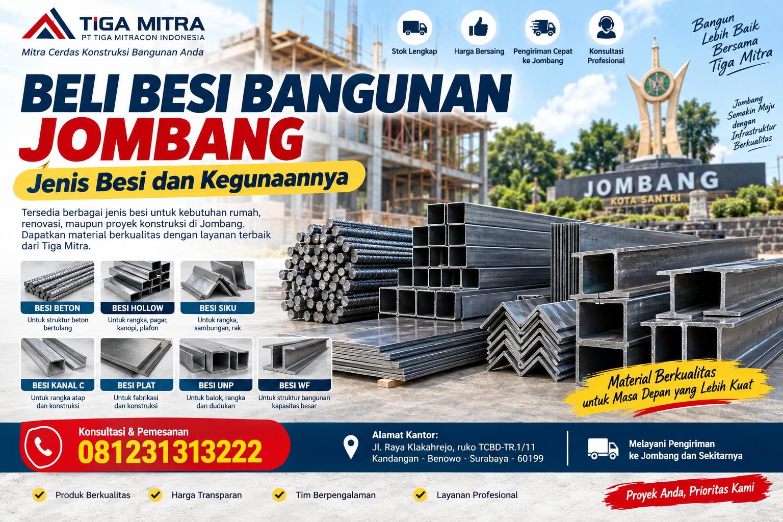 Beli besi bangunan Jombang berbagai jenis seperti besi beton, hollow, siku, kanal C, plat, UNP, dan WF dari Tiga Mitra