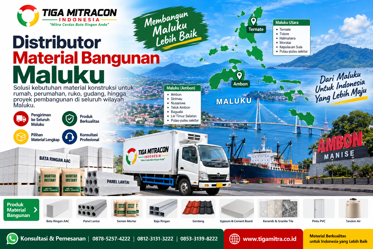 Distributor material bangunan Maluku PT Tiga Mitracon Indonesia dengan peta area layanan Ambon dan Ternate, armada pengiriman, pelabuhan, bata ringan AAC, panel lantai, semen mortar, baja ringan, genteng, gypsum, keramik, pintu PVC, dan tandon air.