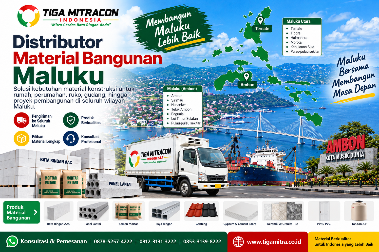 Distributor material bangunan Maluku PT Tiga Mitracon Indonesia dengan peta area layanan Ambon dan Ternate, armada pengiriman, pelabuhan, bata ringan AAC, panel lantai, semen mortar, baja ringan, genteng, gypsum, keramik, pintu PVC, dan tandon air.