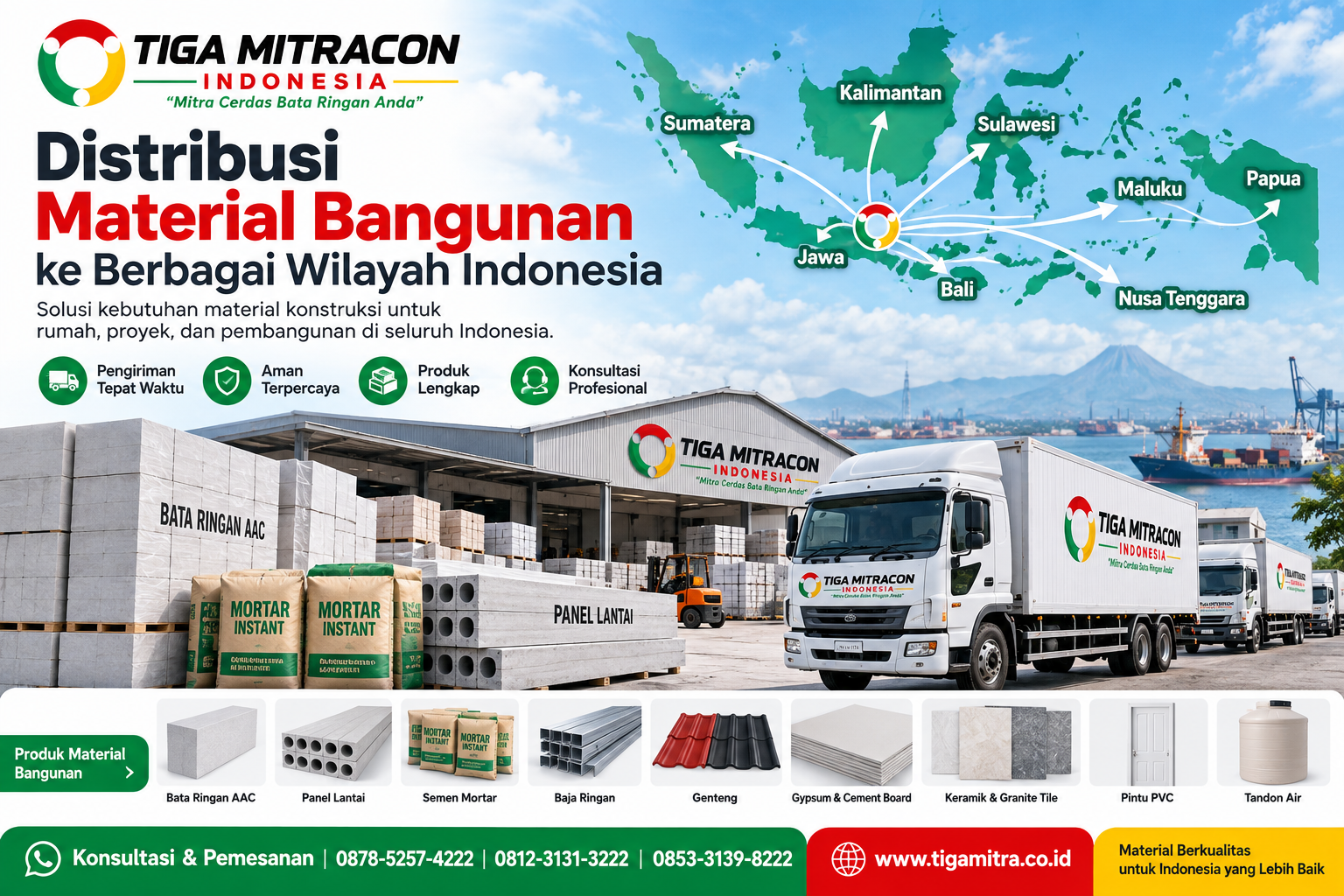 Distribusi material bangunan PT Tiga Mitracon Indonesia ke berbagai wilayah Indonesia dengan produk bata ringan AAC, panel lantai, semen mortar, baja ringan, genteng, gypsum, keramik, pintu PVC, dan tandon air.
