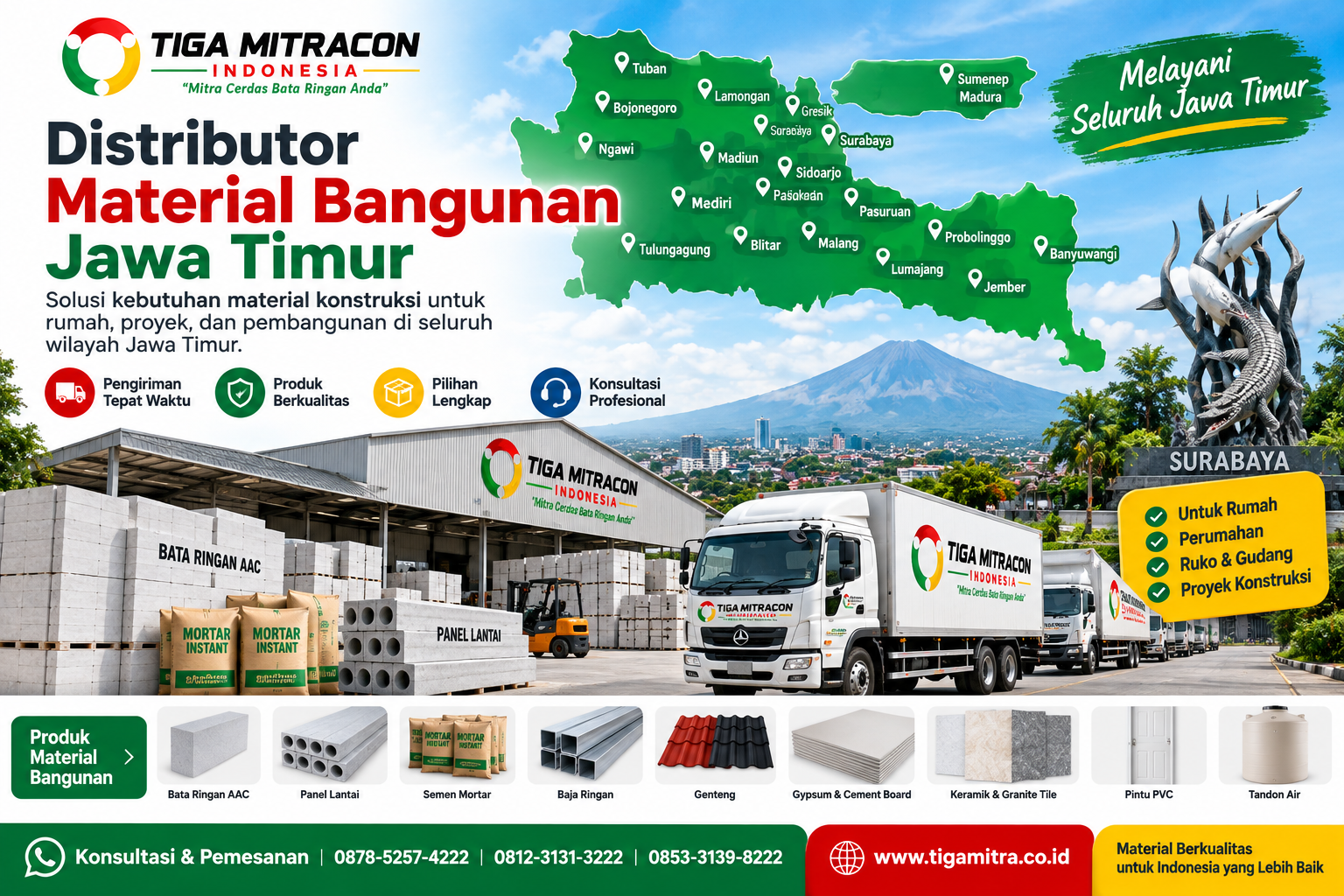 Distributor material bangunan Jawa Timur PT Tiga Mitracon Indonesia dengan peta area layanan, armada pengiriman, gudang, bata ringan AAC, panel lantai, semen mortar, baja ringan, genteng, gypsum, keramik, pintu PVC, dan tandon air.