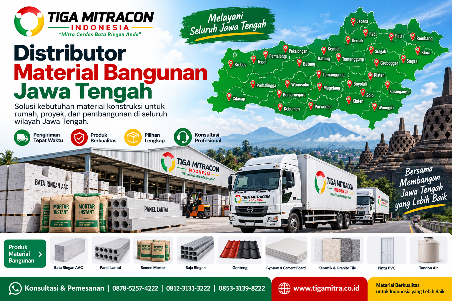 Distributor material bangunan Jawa Tengah PT Tiga Mitracon Indonesia dengan peta area layanan, armada pengiriman, gudang, bata ringan AAC, panel lantai, semen mortar, baja ringan, genteng, gypsum, keramik, pintu PVC, dan tandon air.