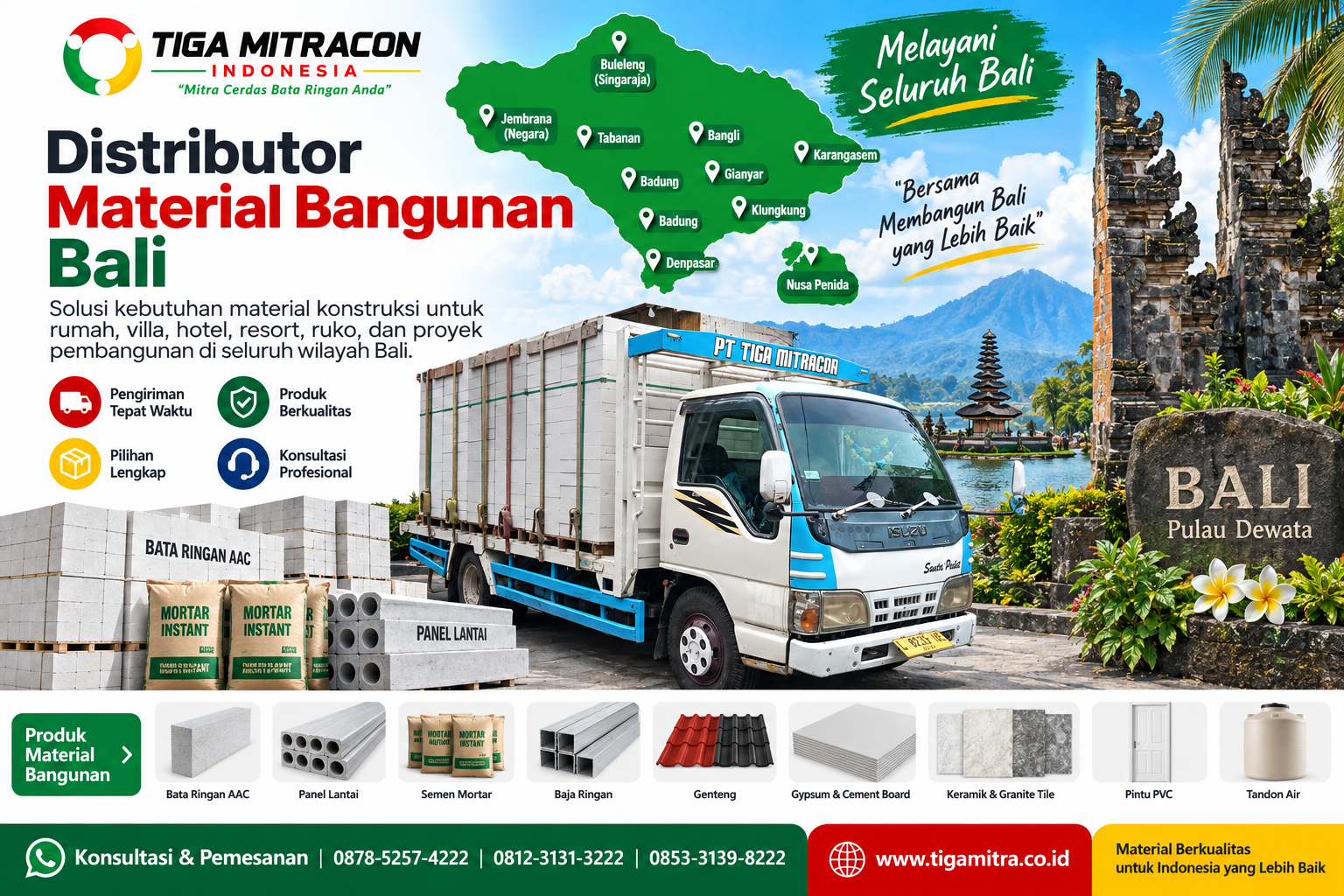Distributor material bangunan Bali PT Tiga Mitracon Indonesia dengan peta area layanan Bali, armada pengiriman, bata ringan AAC, panel lantai, semen mortar, baja ringan, genteng, gypsum, keramik, pintu PVC, dan tandon air.