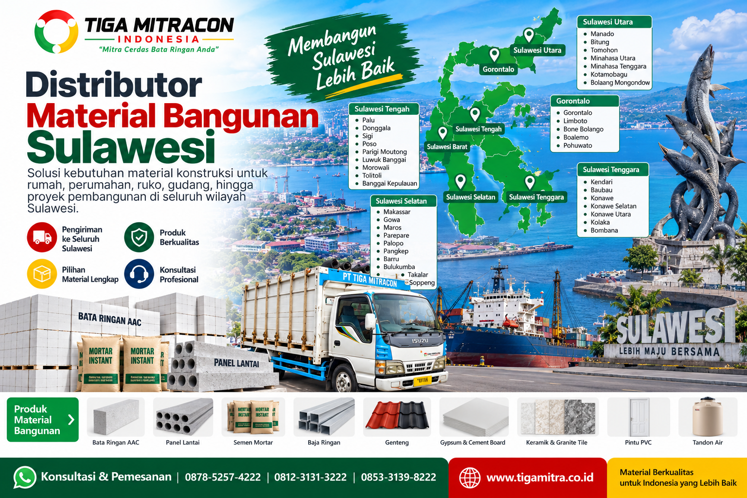 Distributor material bangunan Sulawesi PT Tiga Mitracon Indonesia dengan peta area layanan Sulawesi, armada pengiriman, pelabuhan, bata ringan AAC, panel lantai, semen mortar, baja ringan, genteng, gypsum, keramik, pintu PVC, dan tandon air.