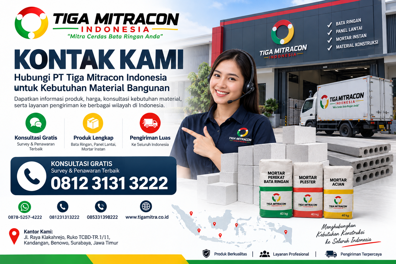 Kontak PT Tiga Mitracon Indonesia distributor material bangunan bata ringan panel lantai dan mortar instan