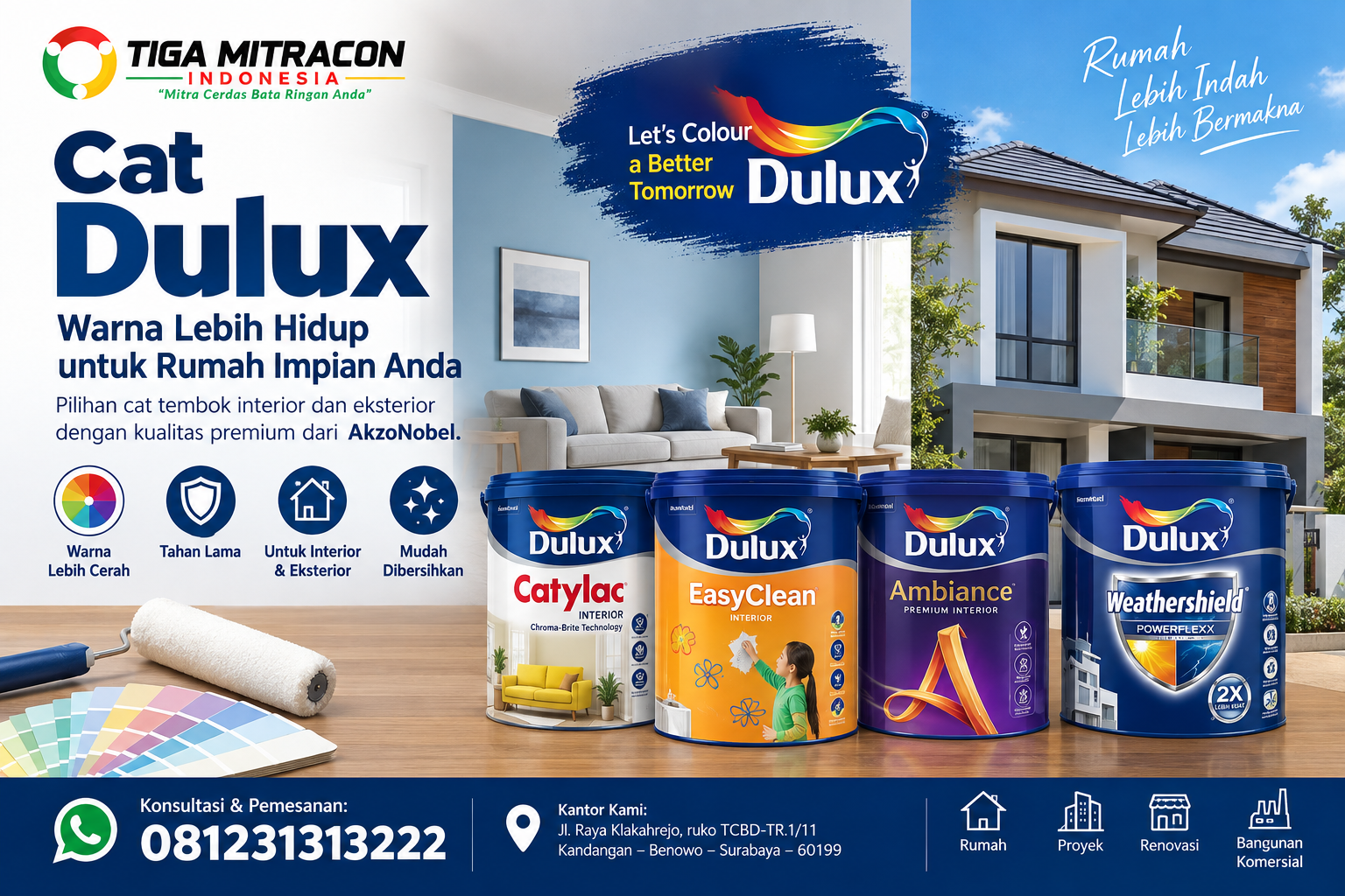 Cat Dulux interior dan eksterior untuk rumah dengan pilihan Dulux Catylac, EasyClean, Ambiance, dan Weathershield