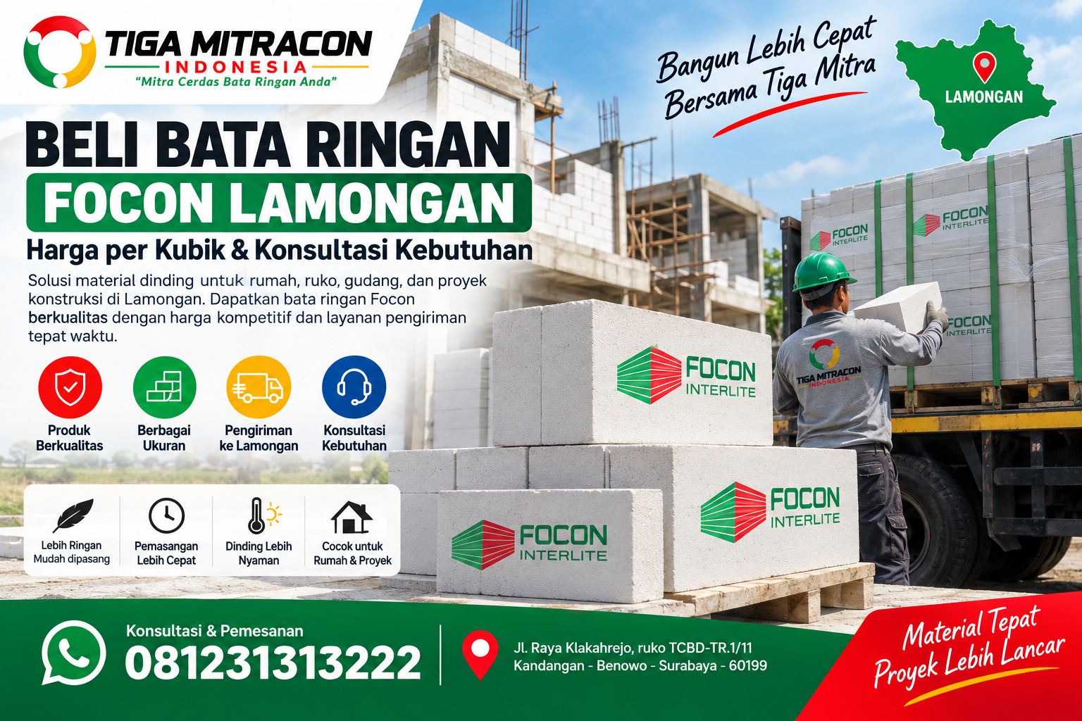 Beli Bata Ringan Focon Lamongan dengan harga per kubik dan layanan pengiriman Tiga Mitra