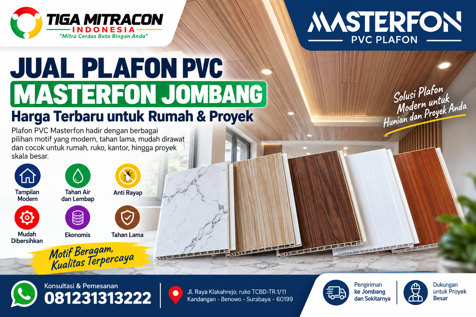 Jual Plafon PVC Masterfon Jombang dengan berbagai motif untuk rumah dan proyek