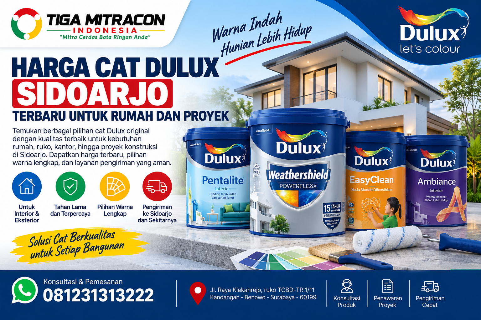 Harga Cat Dulux Sidoarjo terbaru untuk rumah dan proyek dengan pilihan Pentalite, Weathershield, EasyClean, dan Ambiance