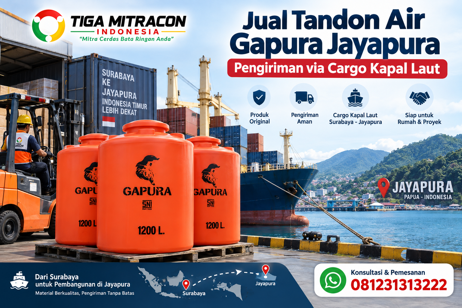 Tandon Air Gapura Jayapura dengan pengiriman cargo kapal laut dari Surabaya