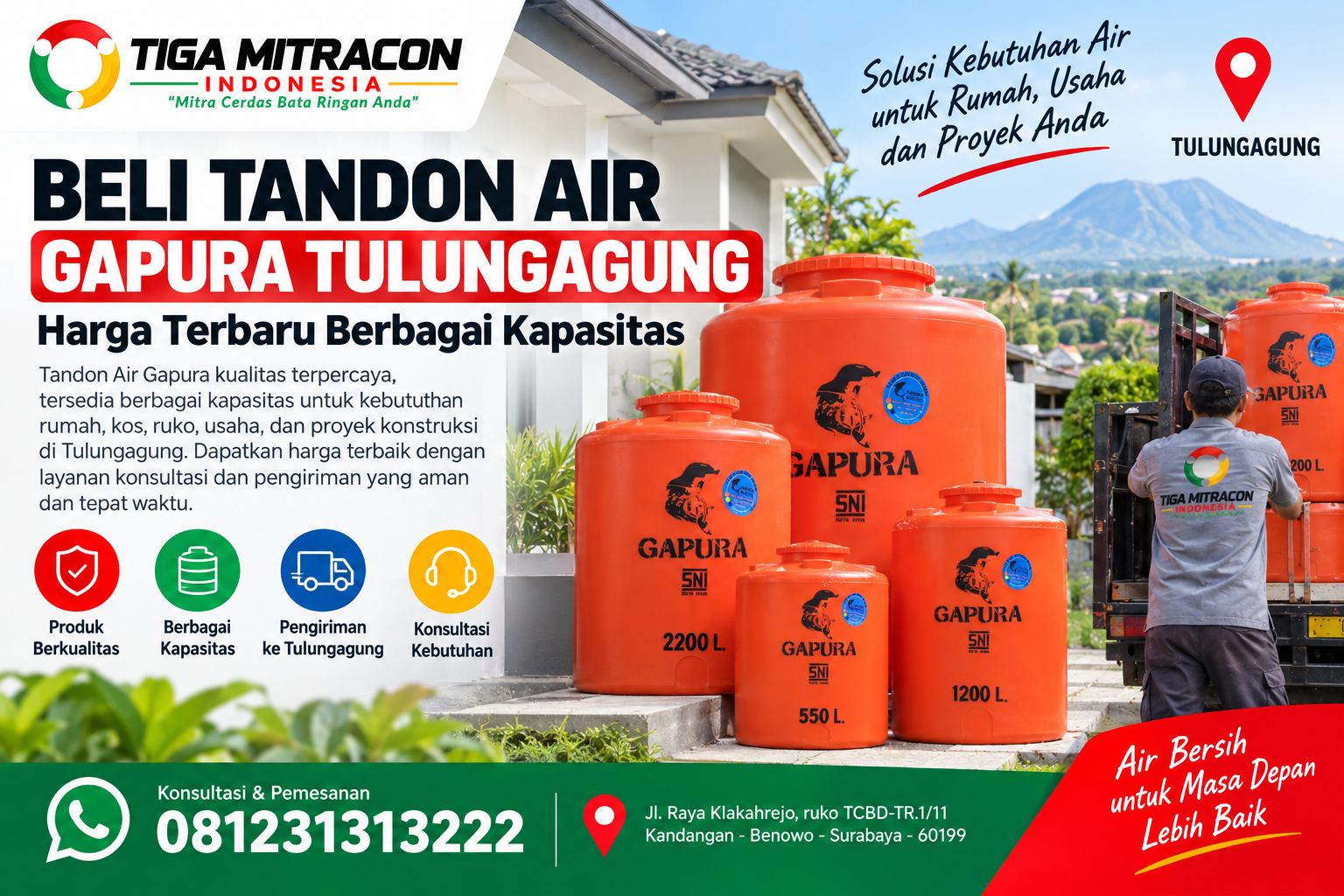 Jual Tandon Air Gapura Tulungagung berbagai kapasitas dengan layanan pengiriman Tiga Mitracon Indonesia