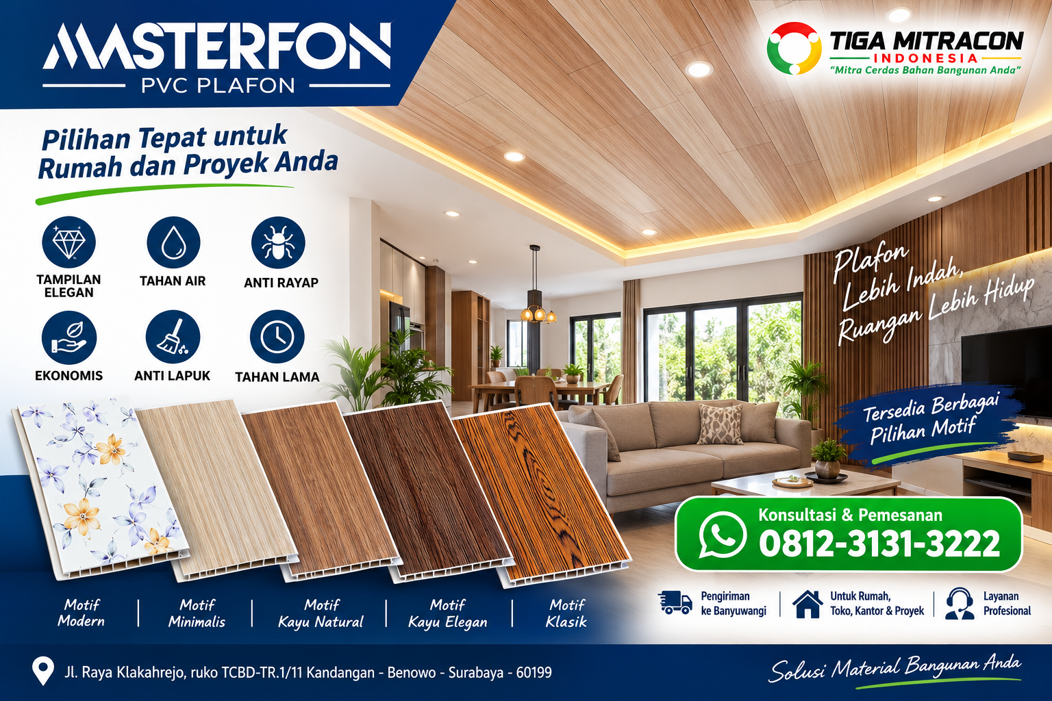 Plafon PVC Masterfon Banyuwangi dengan pilihan motif kayu untuk rumah dan proyek