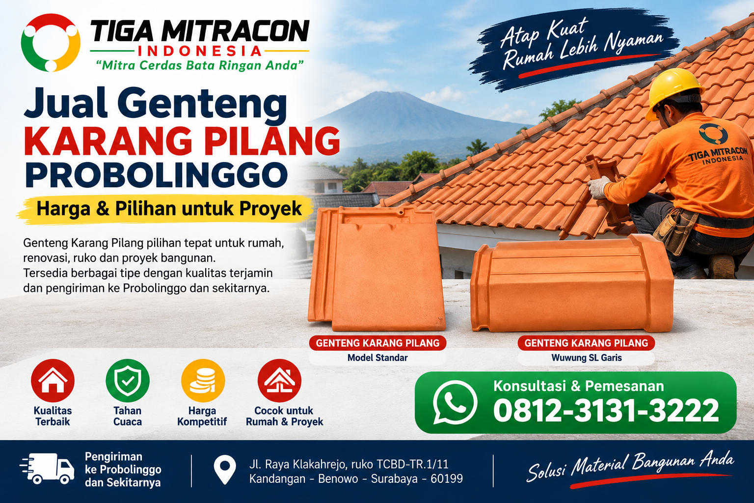 Jual Genteng Karang Pilang Probolinggo untuk rumah dan proyek dengan pilihan model genteng