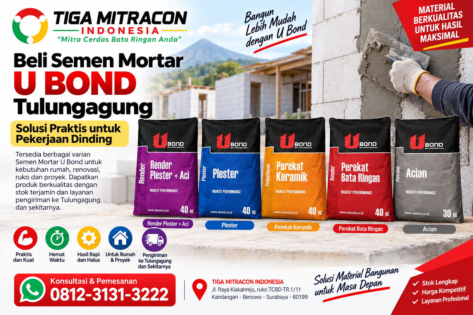 Beli Semen Mortar U Bond Tulungagung untuk pekerjaan dinding rumah dan proyek