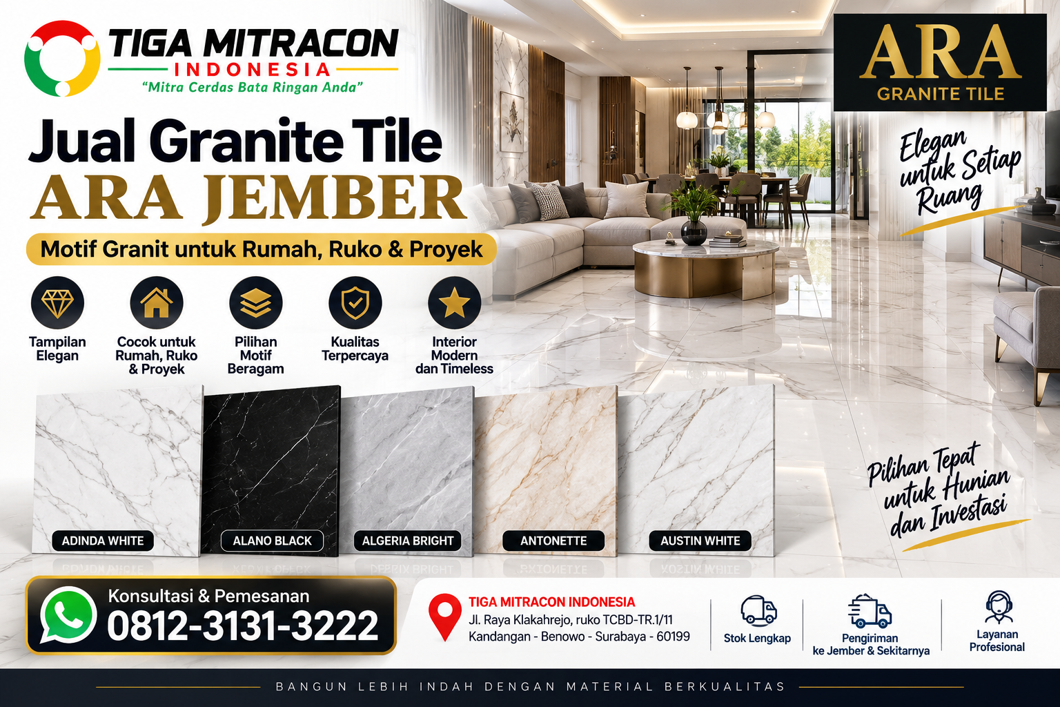 Jual Granite Tile ARA Jember dengan pilihan motif granit untuk rumah, ruko dan proyek