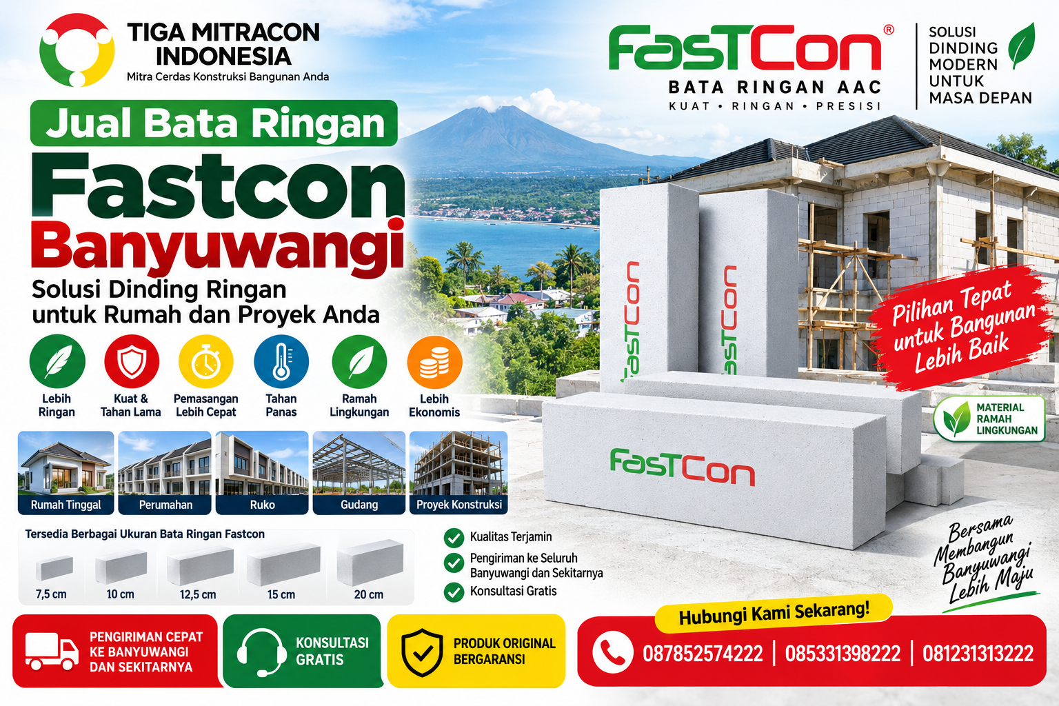 Jual Bata Ringan Fastcon Banyuwangi untuk rumah, perumahan, ruko, gudang dan proyek konstruksi