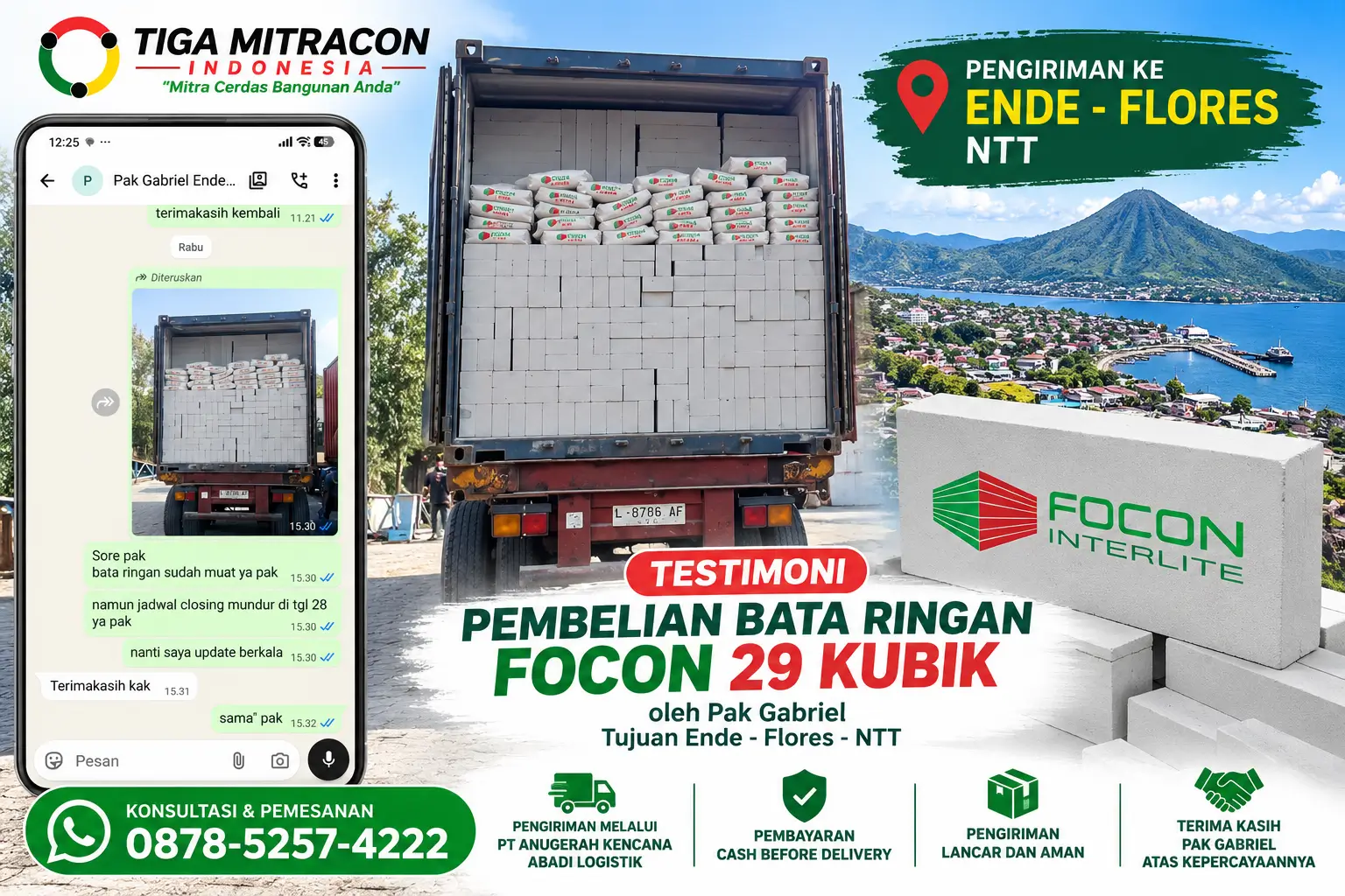 Testimoni pembelian bata ringan Focon 29 kubik oleh Pak Gabriel untuk pengiriman ke Ende Flores NTT