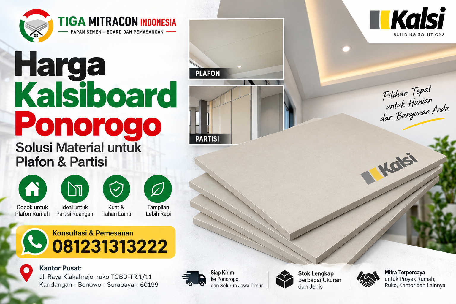 Harga Kalsiboard Ponorogo Terbaru untuk Plafon & Partisi | Tiga Mitra