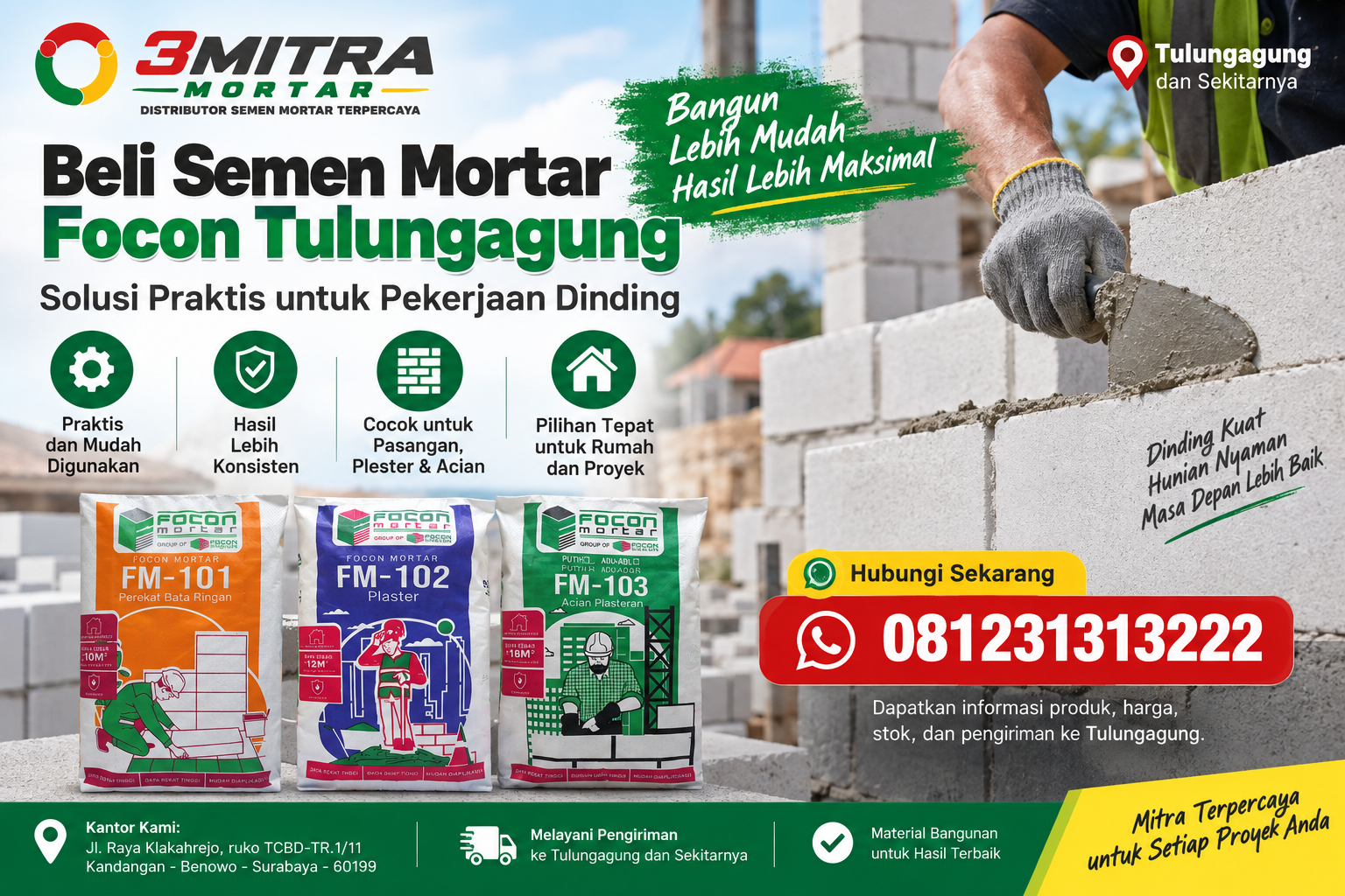 Beli Semen Mortar Focon Tulungagung | Solusi Praktis Dinding