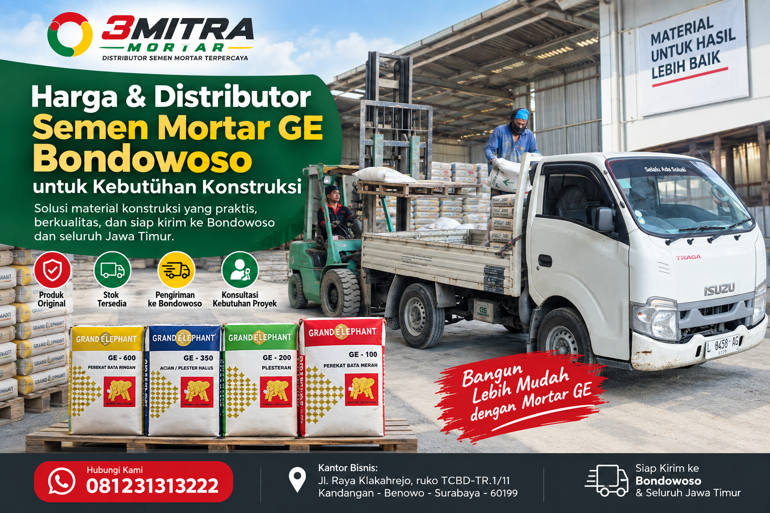 Harga dan distributor semen mortar GE Bondowoso untuk kebutuhan konstruksi dengan layanan pengiriman