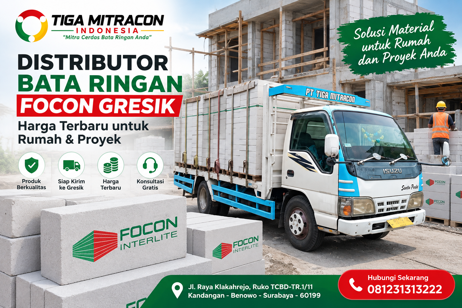 Distributor bata ringan Focon Gresik untuk kebutuhan rumah dan proyek dengan layanan pengiriman Tiga Mitra