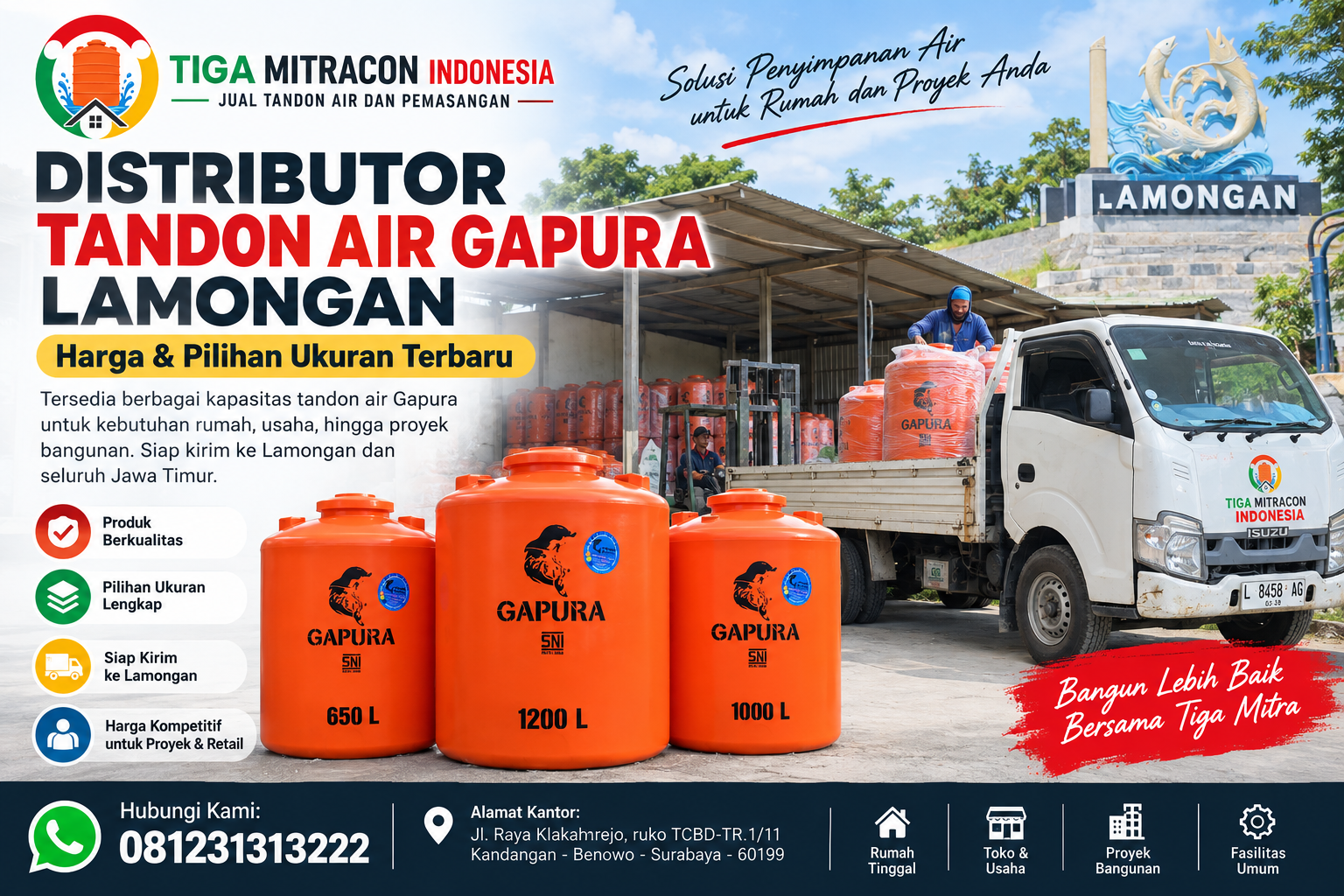 Distributor tandon air Gapura Lamongan dengan pilihan ukuran dan layanan pengiriman Tiga Mitra