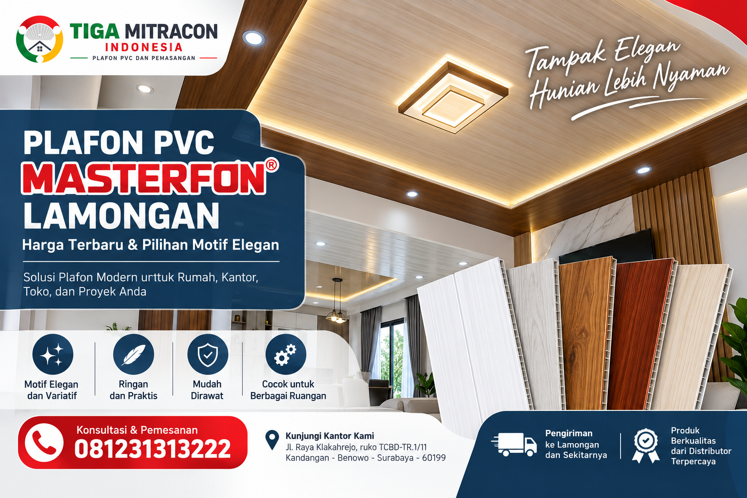 Plafon PVC Masterfon Lamongan dengan pilihan motif elegan untuk rumah dan proyek