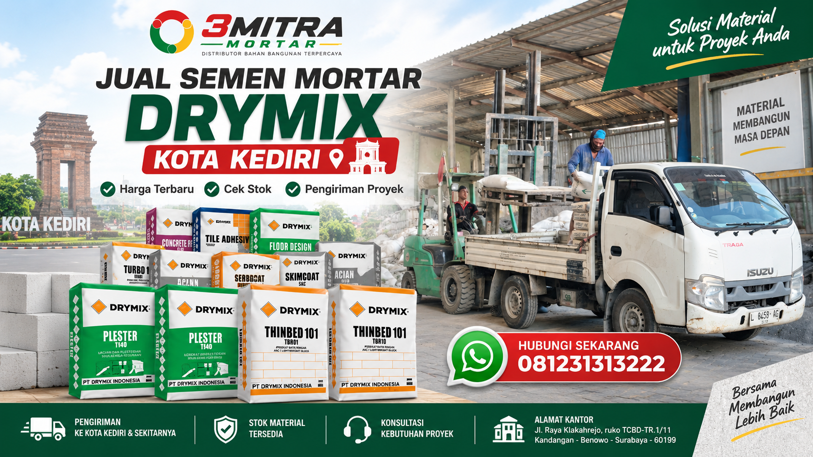 Jual Semen Mortar Drymix Kota Kediri dengan Harga Terbaru dan Stok Material