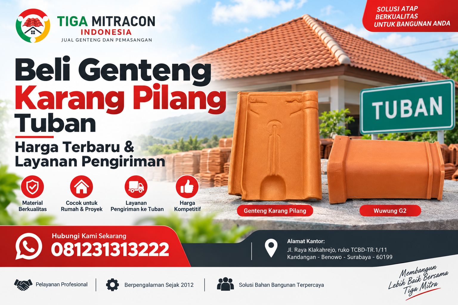 Genteng Karang Pilang Tuban harga terbaru dengan layanan pengiriman Tiga Mitra