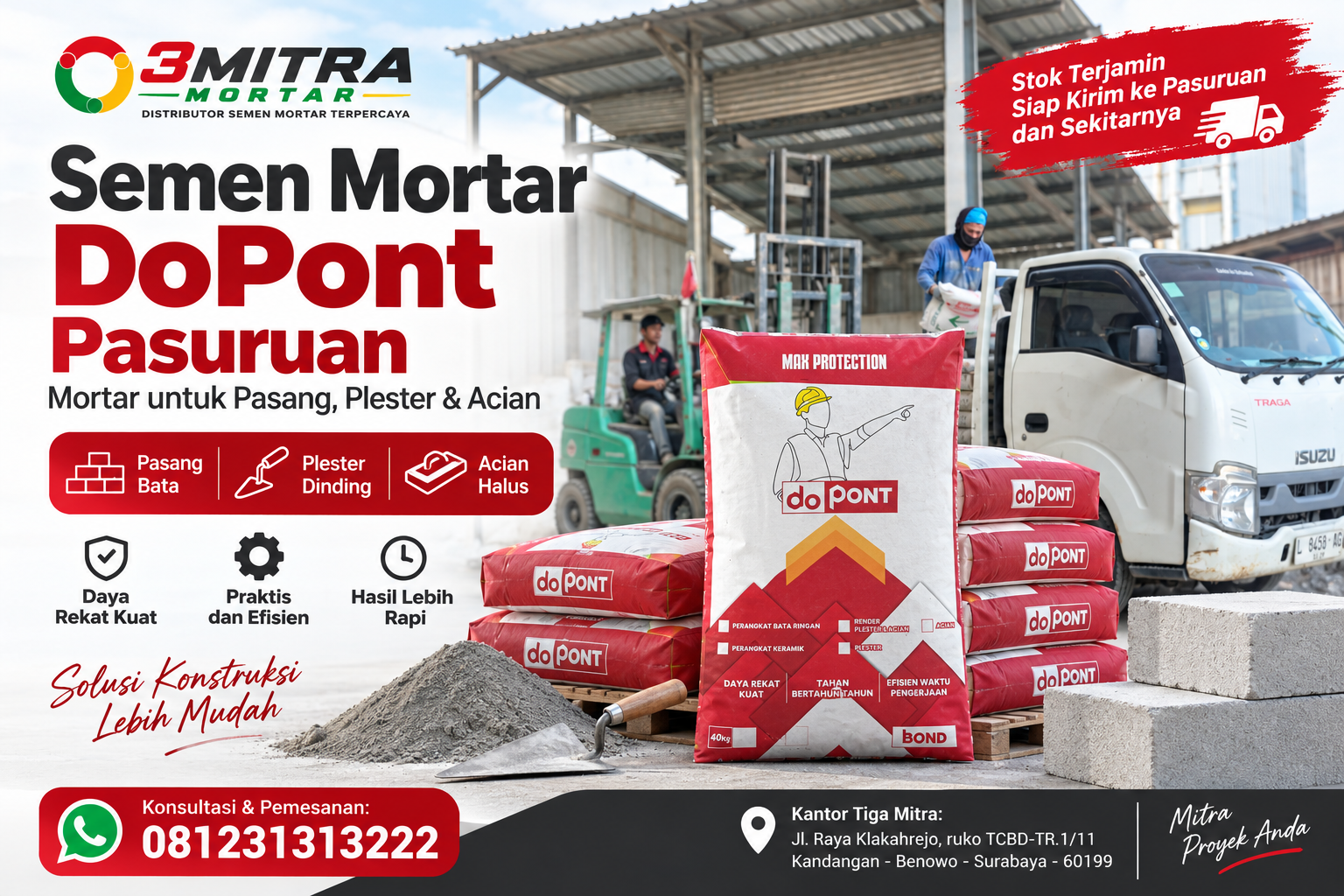 Semen Mortar DoPont Pasuruan untuk pasang bata, plester dan acian