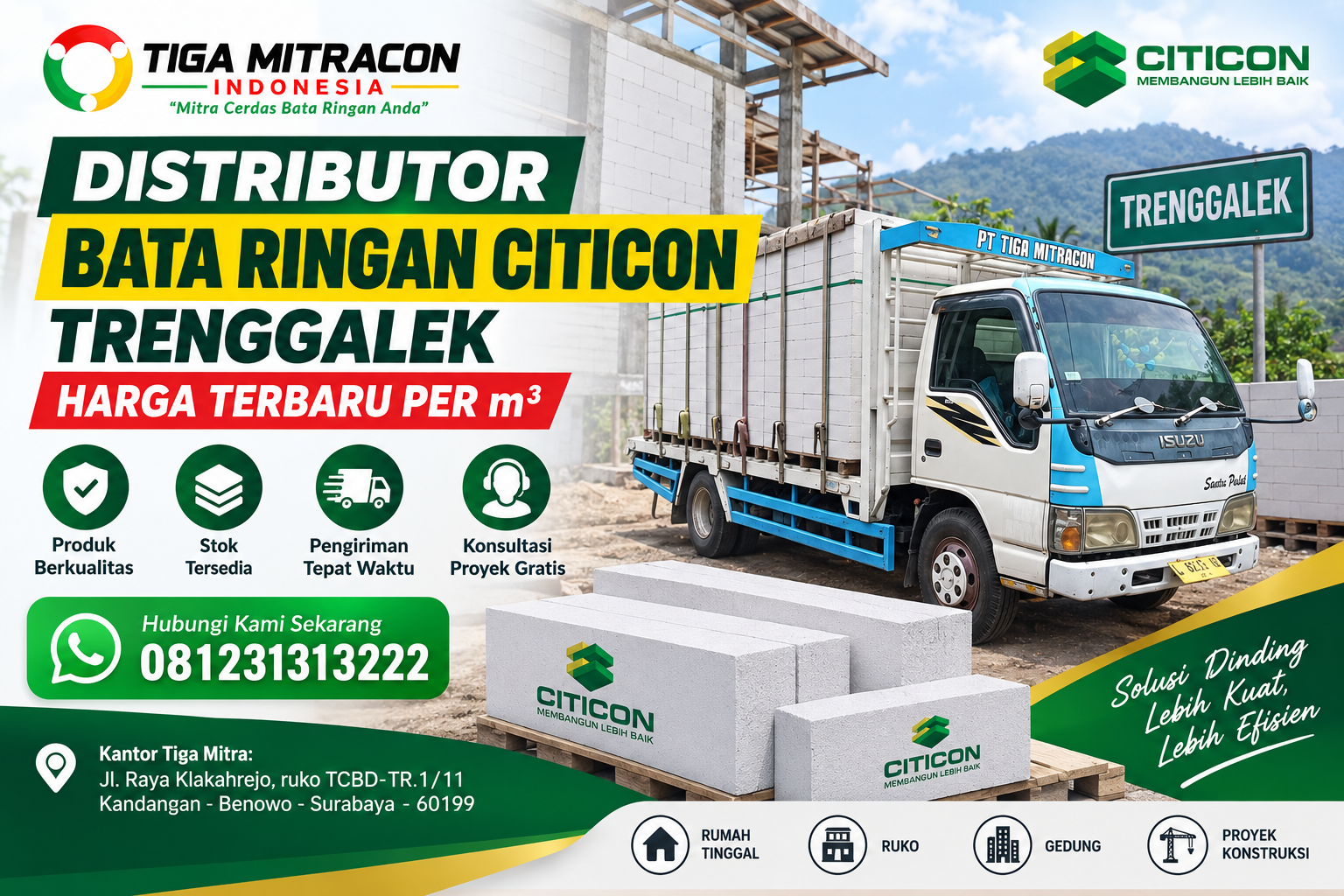 Distributor bata ringan Citicon Trenggalek dengan layanan pengiriman Tiga Mitra