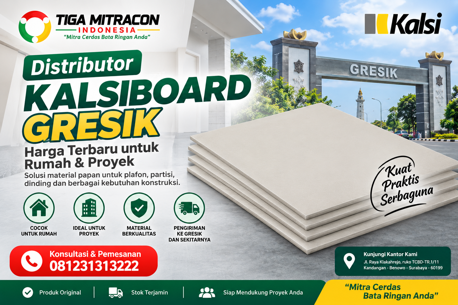 Distributor Kalsiboard Gresik untuk kebutuhan rumah dan proyek dengan produk Kalsiboard dan layanan pengiriman