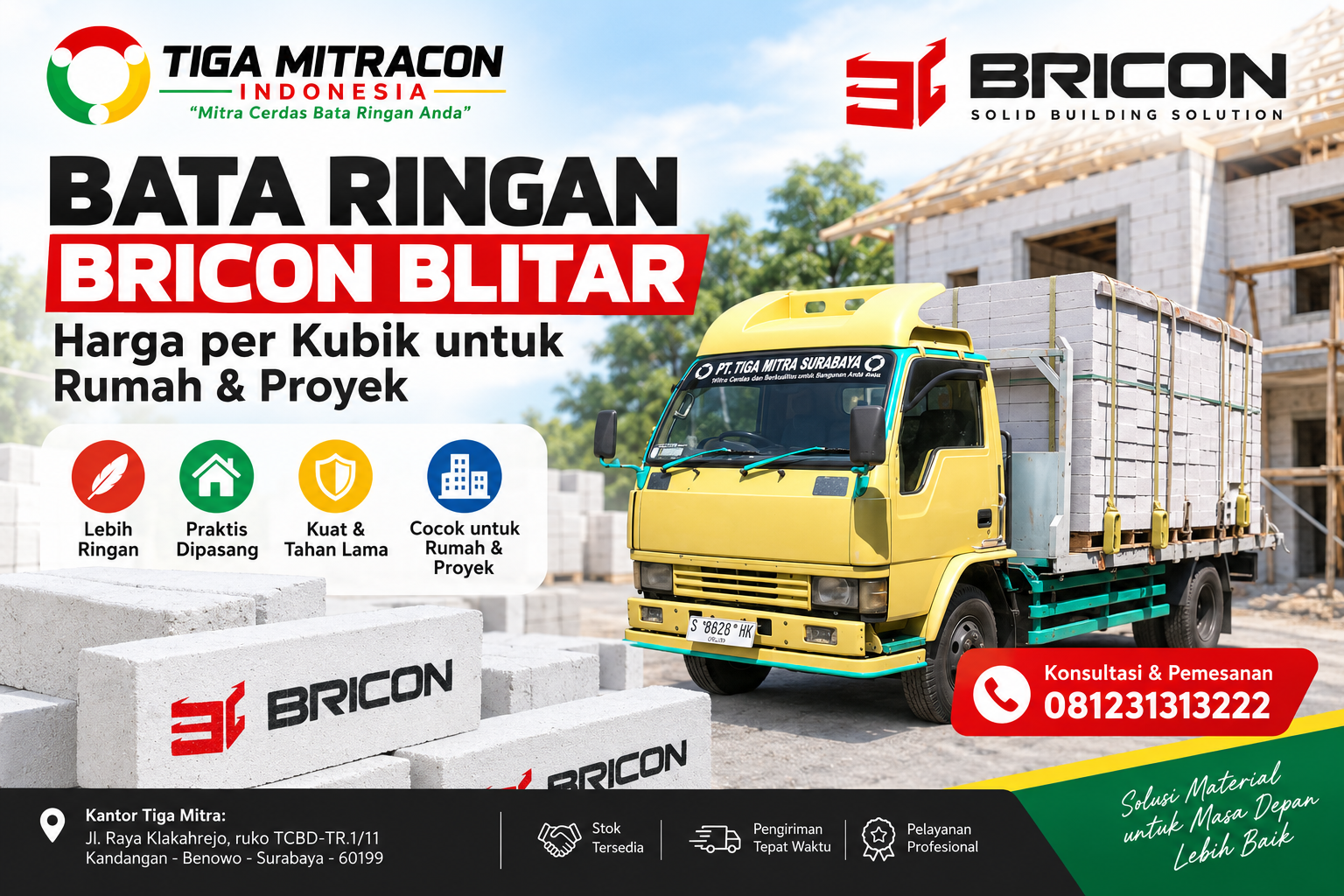 Bata Ringan Bricon Blitar harga per kubik untuk kebutuhan rumah dan proyek dengan layanan pengiriman Tiga Mitra