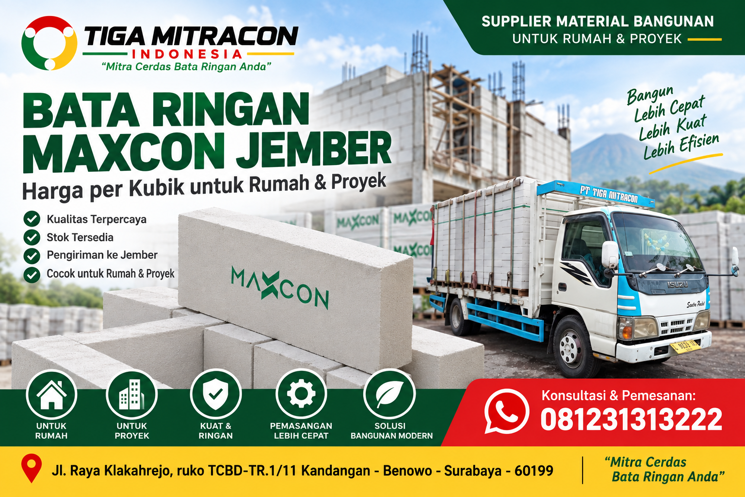 Bata ringan Maxcon Jember untuk kebutuhan rumah dan proyek dengan layanan pengiriman Tiga Mitra