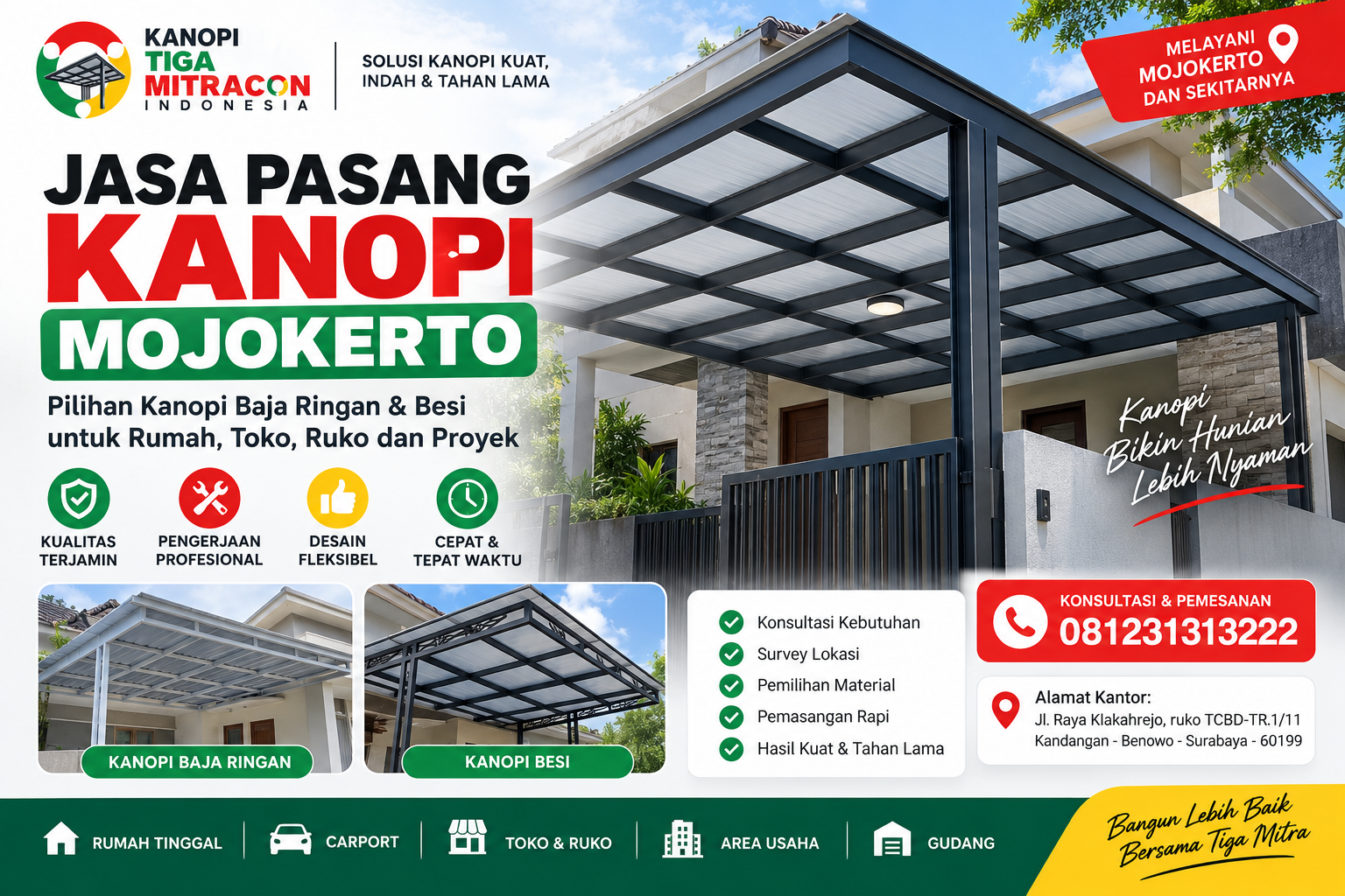 Jasa pasang kanopi Mojokerto dengan pilihan kanopi baja ringan dan besi untuk rumah, carport, toko, ruko, dan proyek