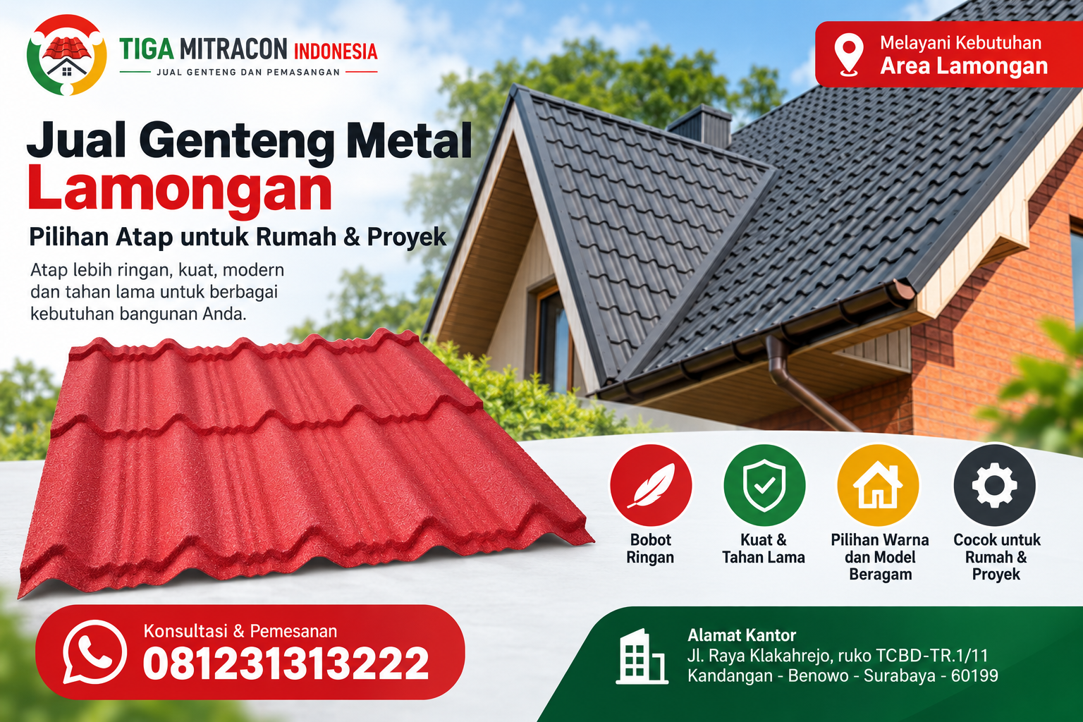 Jual genteng metal Lamongan untuk rumah dan proyek dengan pilihan atap metal ringan, kuat, modern, serta tersedia dalam berbagai warna dan model.