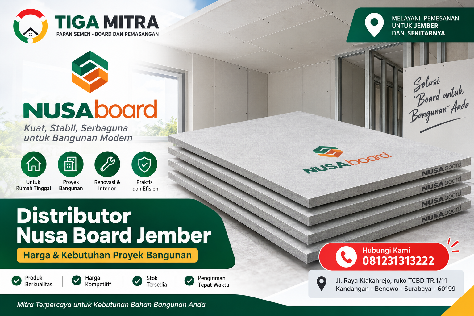 Distributor Nusa Board Jember untuk kebutuhan proyek bangunan dan renovasi