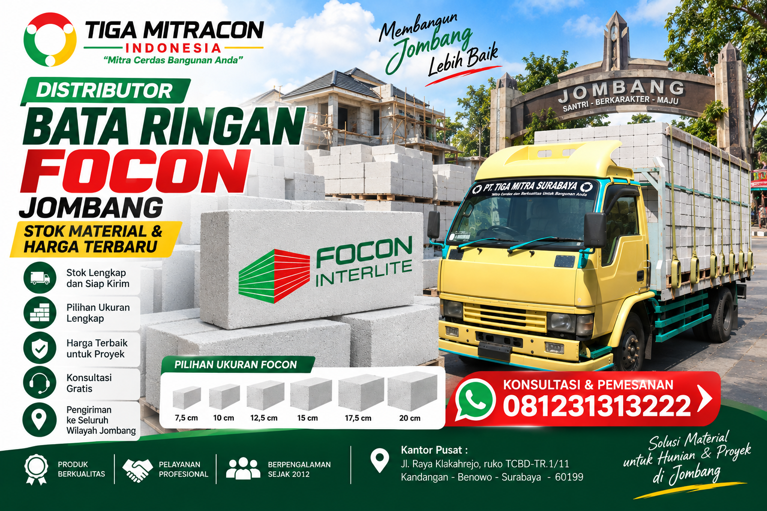 Distributor bata ringan Focon Jombang dengan stok material, pilihan ukuran, dan layanan pengiriman Tiga Mitra