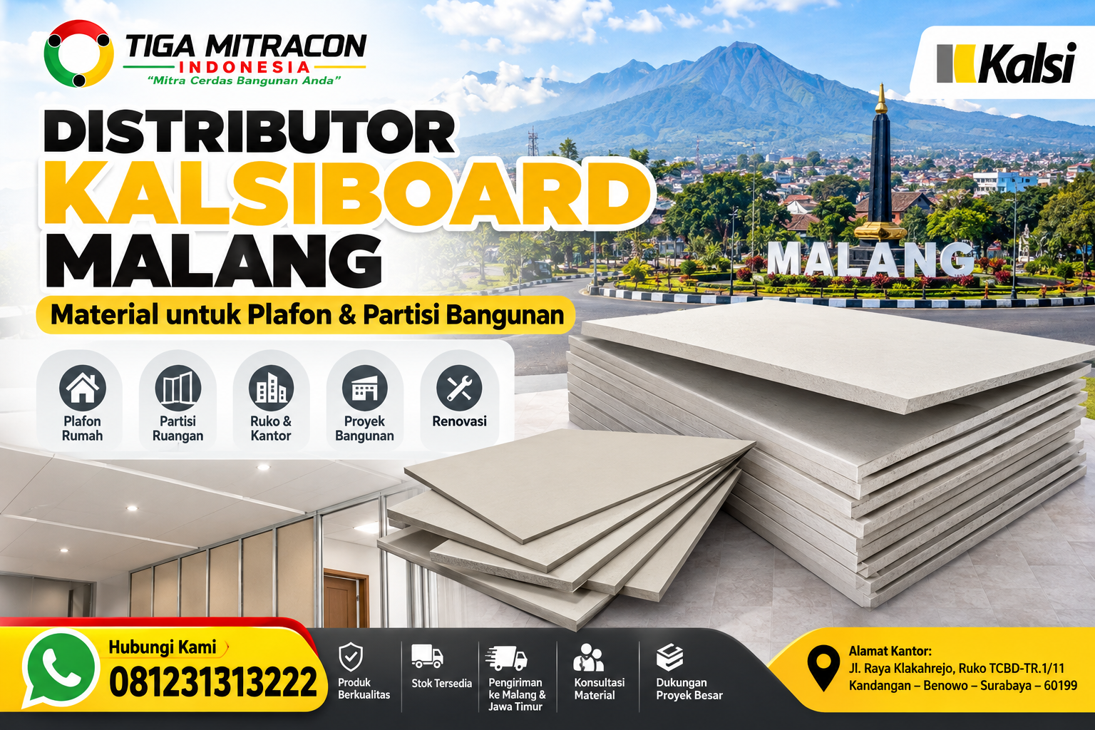 Distributor Kalsiboard Malang untuk material plafon dan partisi bangunan